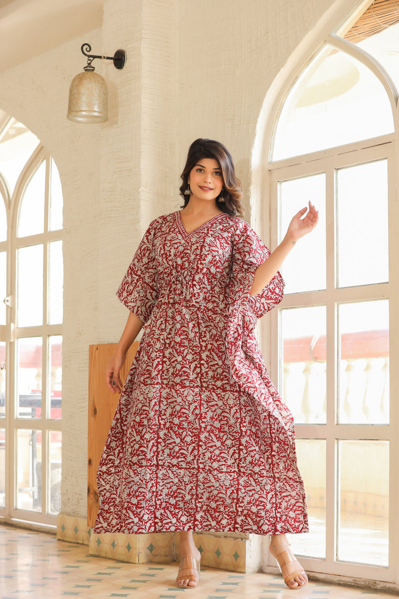 Maroon & White Handblock Slip-On Kaftan