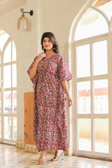 Maroon & White Handblock Slip-On Kaftan