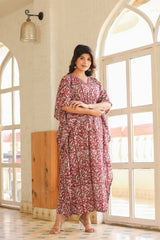 Maroon & White Handblock Slip-On Kaftan