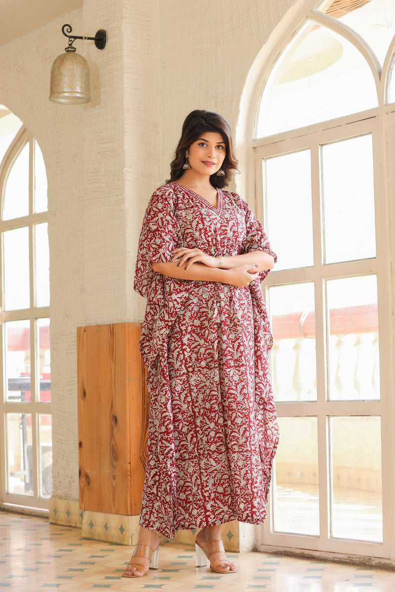 Maroon & White Handblock Slip-On Kaftan