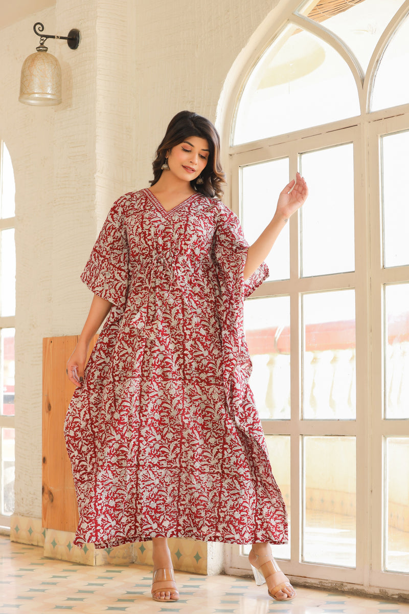 Maroon & White Handblock Slip-On Kaftan