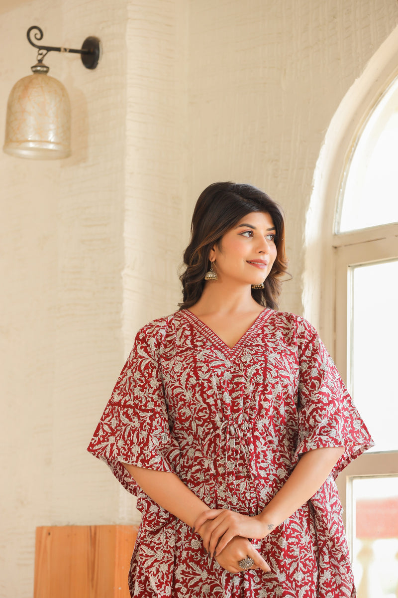 Maroon & White Handblock Slip-On Kaftan