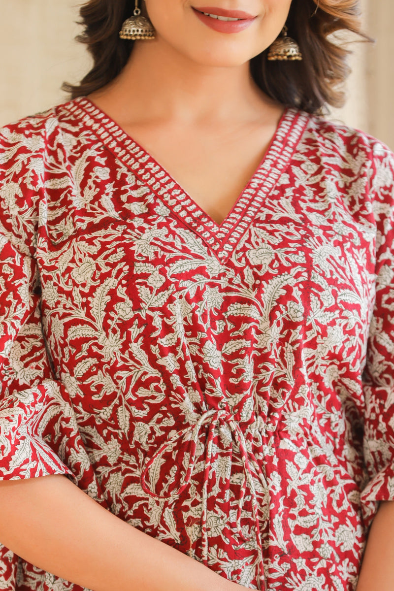 Maroon & White Handblock Slip-On Kaftan