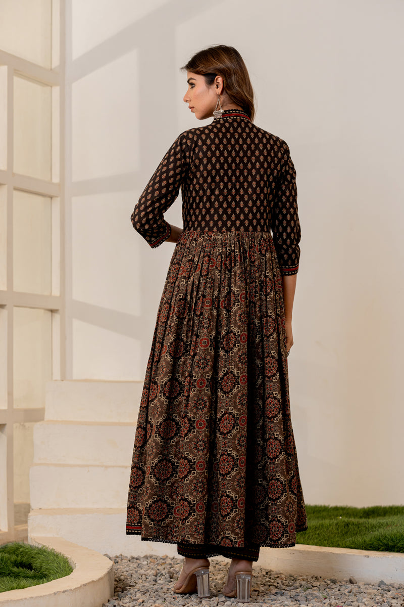 Jharokha Black Handblock Printed Hand Embroidered Neckline Cotton Suit Set With Mul Cotton Dupatta