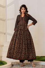 Jharokha Black Handblock Printed Hand Embroidered Neckline Cotton Suit Set With Mul Cotton Dupatta