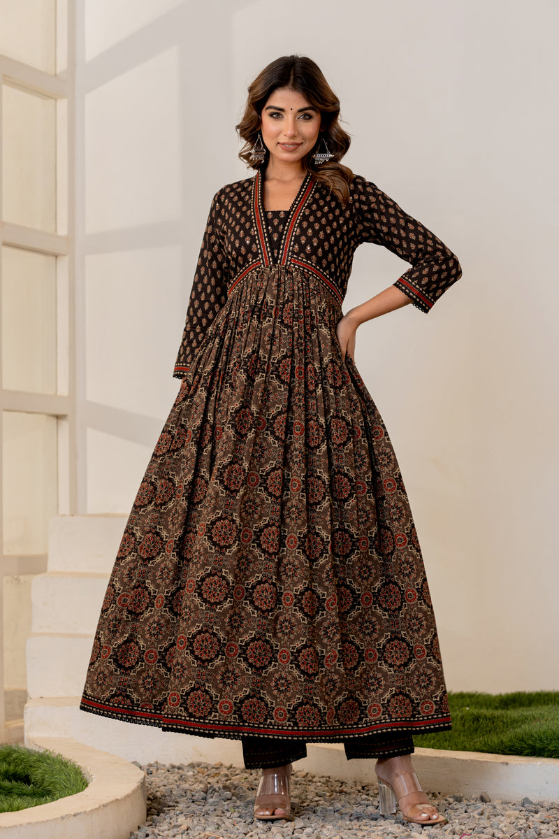 Jharokha Black Handblock Printed Hand Embroidered Neckline Cotton Suit Set With Mul Cotton Dupatta