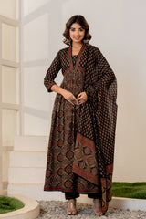 Jharokha Black Handblock Printed Hand Embroidered Neckline Cotton Suit Set With Mul Cotton Dupatta