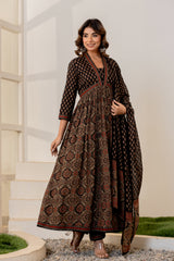 Jharokha Black Handblock Printed Hand Embroidered Neckline Cotton Suit Set With Mul Cotton Dupatta