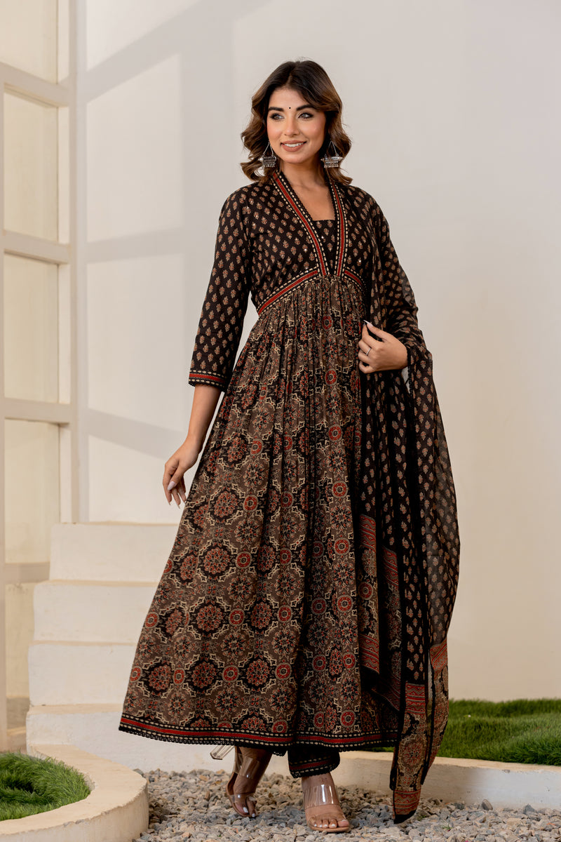 Jharokha Black Handblock Printed Hand Embroidered Neckline Cotton Suit Set With Mul Cotton Dupatta