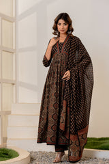 Jharokha Black Handblock Printed Hand Embroidered Neckline Cotton Suit Set With Mul Cotton Dupatta