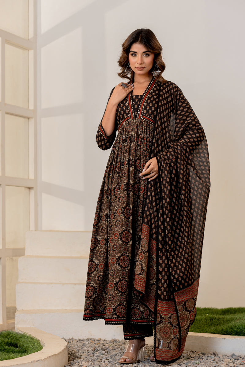 Jharokha Black Handblock Printed Hand Embroidered Neckline Cotton Suit Set With Mul Cotton Dupatta