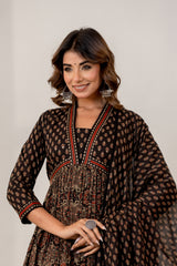 Jharokha Black Handblock Printed Hand Embroidered Neckline Cotton Suit Set With Mul Cotton Dupatta