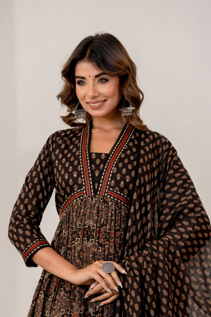 Jharokha Black Handblock Printed Hand Embroidered Neckline Cotton Suit Set With Mul Cotton Dupatta