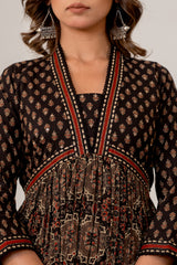 Jharokha Black Handblock Printed Hand Embroidered Neckline Cotton Suit Set With Mul Cotton Dupatta