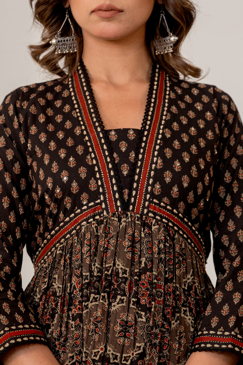 Jharokha Black Handblock Printed Hand Embroidered Neckline Cotton Suit Set With Mul Cotton Dupatta