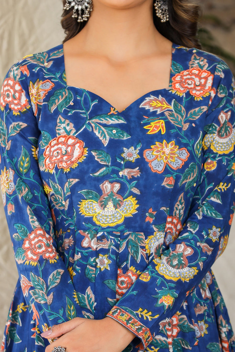 BLUE SAPPHIRE GHER HANDBLOCK KURTA ONLY
