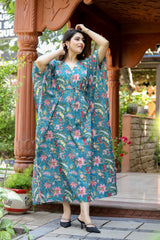 Women's Blue Floral Half Sleeved Kaftan