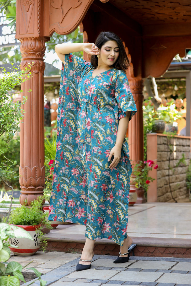 Women's Blue Floral Half Sleeved Kaftan