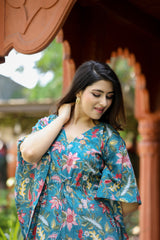 Women's Blue Floral Half Sleeved Kaftan