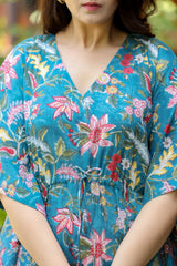 Women's Blue Floral Half Sleeved Kaftan