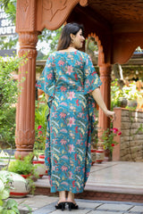 Women's Blue Floral Half Sleeved Kaftan