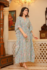 Blue Green Cotton Print Long Kaftan