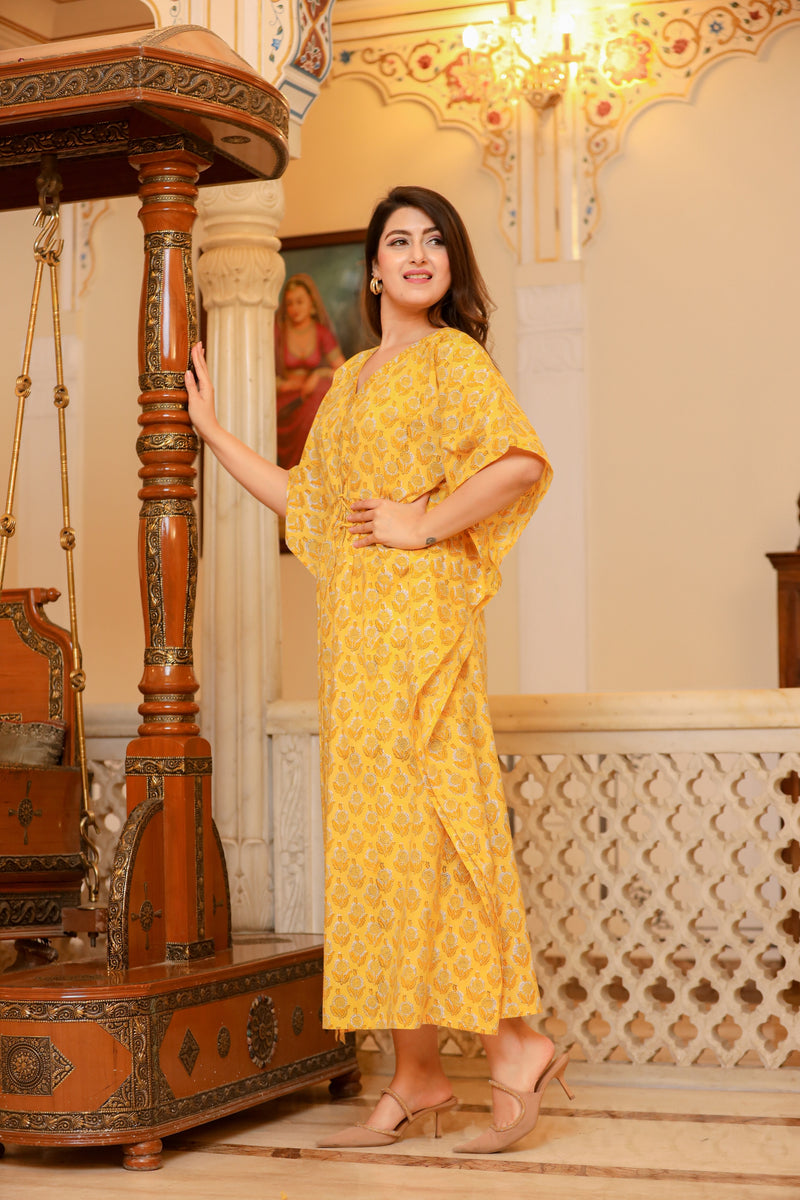Sunshine Yellow Long Printed Kaftan