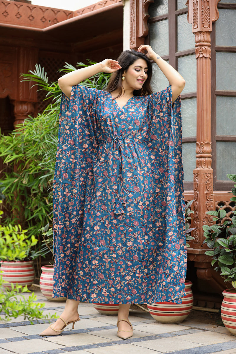 Queen Blue Long Handblock Kaftan