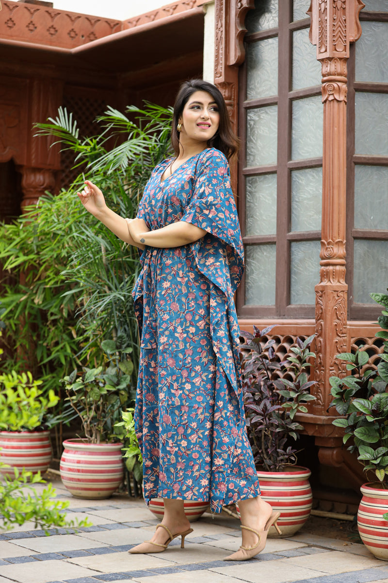 Queen Blue Long Handblock Kaftan