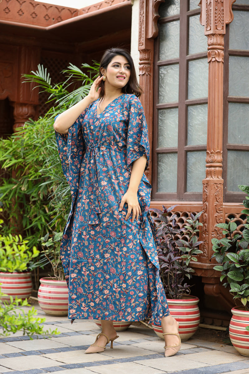 Queen Blue Long Handblock Kaftan