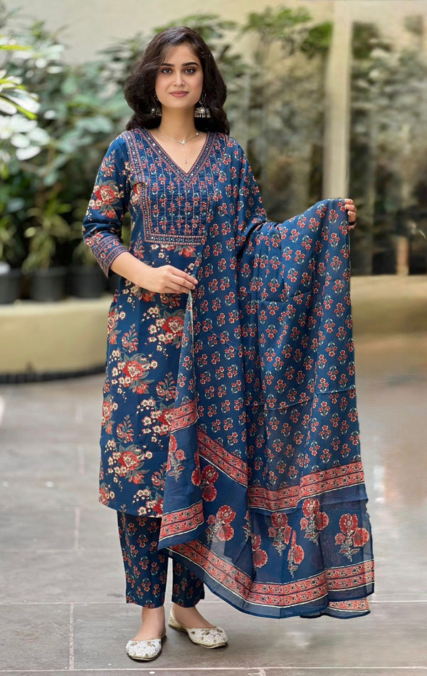 Suru blue cotton straight suit set with mul cotton dupatta