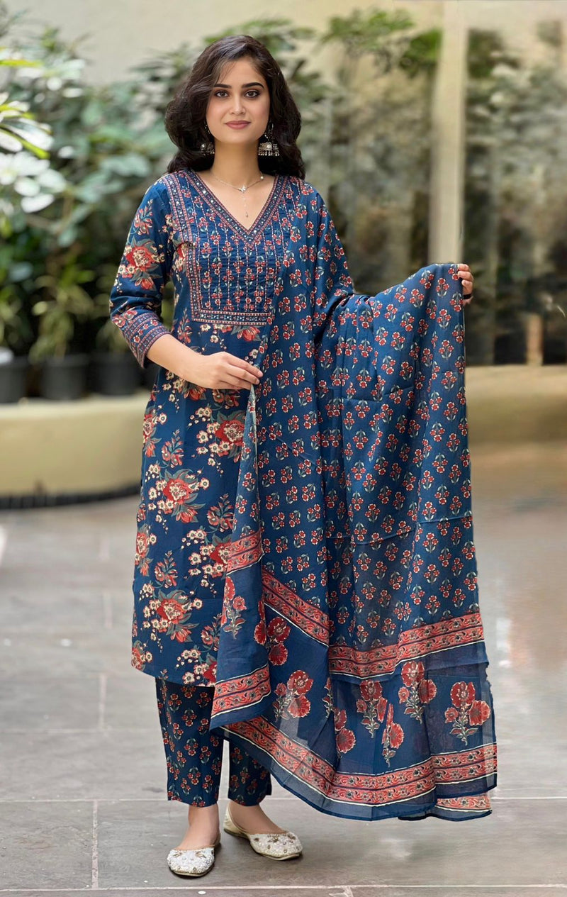 Suru blue cotton straight suit set with mul cotton dupatta