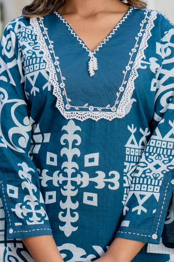 Ahana Blue Printed Cotton Co-Ord Set