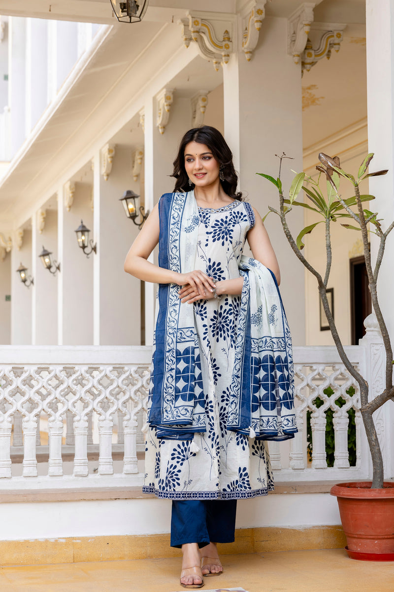 Glory Blue Cotton Printed Suit Set With Cotton Dupatta