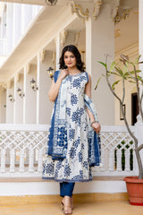Glory Blue Cotton Printed Suit Set With Cotton Dupatta