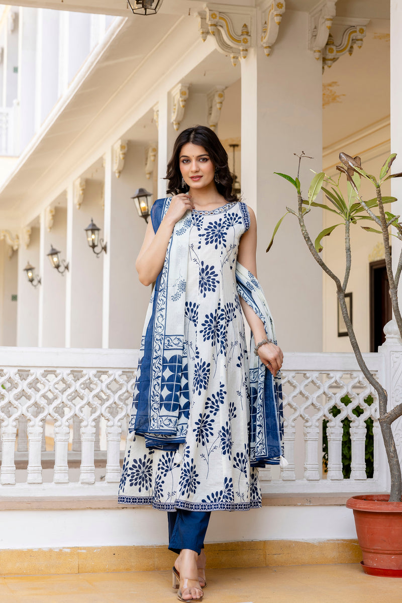 Glory Blue Cotton Printed Suit Set With Cotton Dupatta