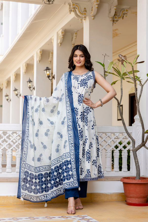 Glory Blue Cotton Printed Suit Set With Cotton Dupatta