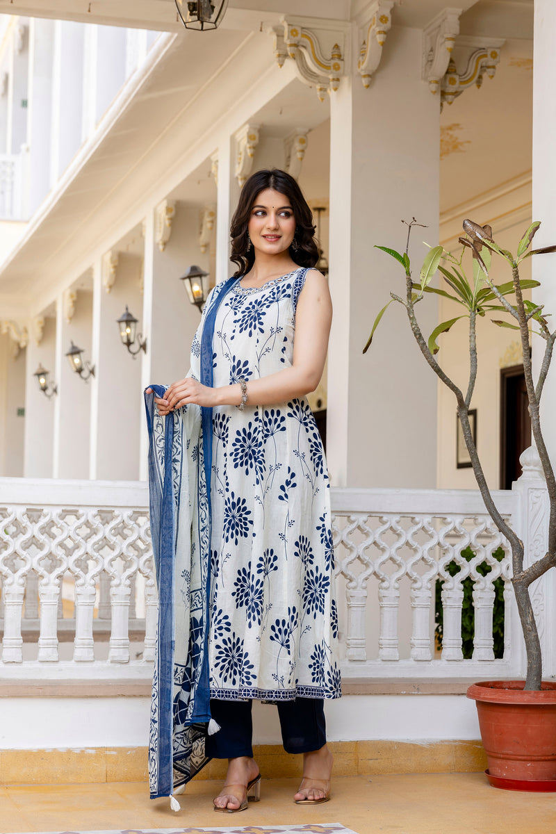 Glory Blue Cotton Printed Suit Set With Cotton Dupatta