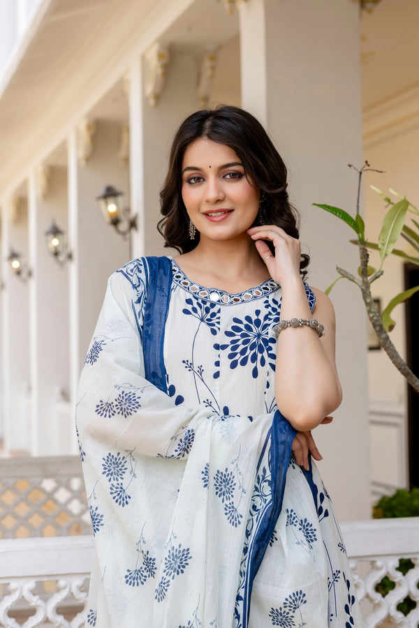 Glory Blue Cotton Printed Suit Set With Cotton Dupatta