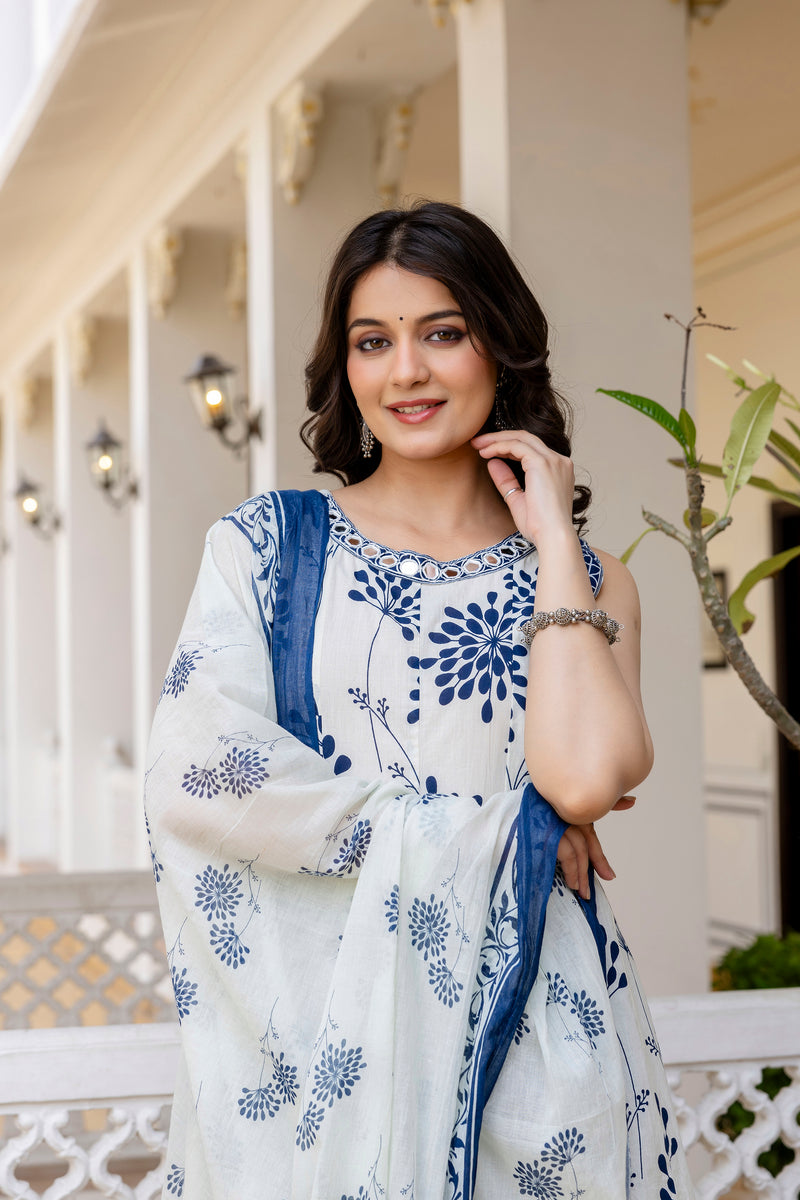 Glory Blue Cotton Printed Suit Set With Cotton Dupatta