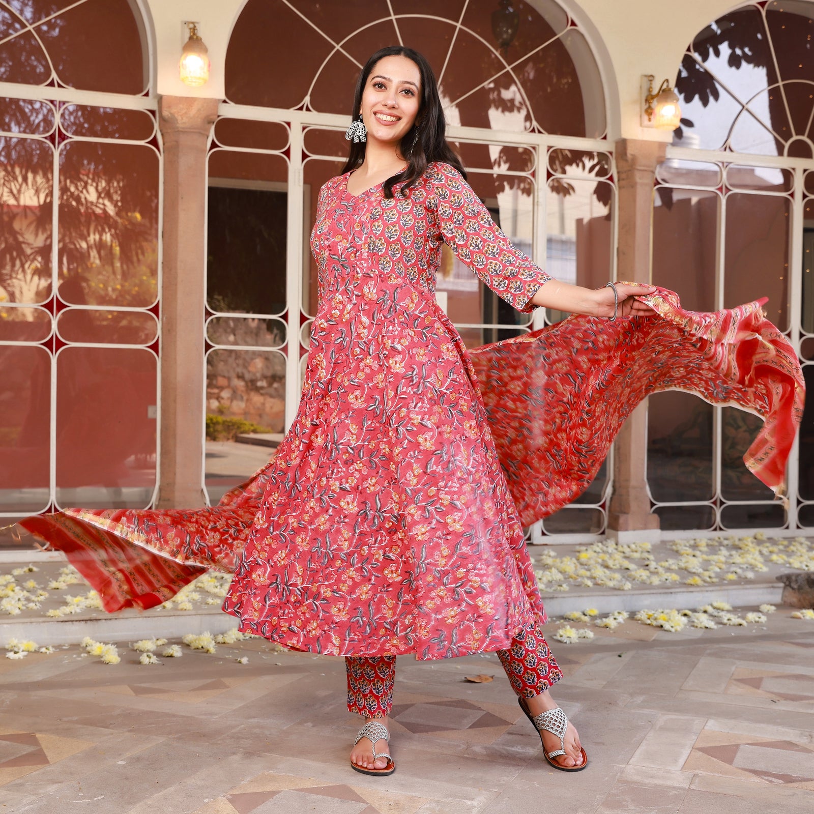chinese dress ladies Serene Blue Floral Tiered Cotton Anarkali Dress – Hatheli