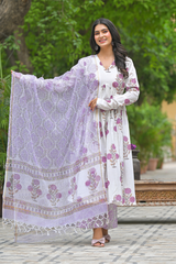 Martini purple handblock printed cotton suit set with kota doria dupatta