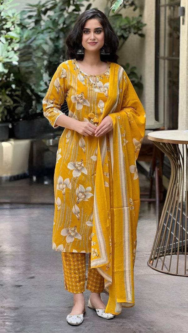 Sunheri Bloom Mustard Floral printed Cotton Suit Set