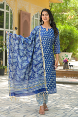 Mehak blue handblock printed chanderi suit set with chanderi dupatta with sequins work on the yoke
