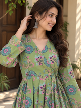 Meher Sage Green Floral Printed Flared Anarkali Suit Set with Dupatta