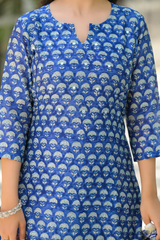 Mehak blue handblock printed chanderi suit set with chanderi dupatta with sequins work on the yoke