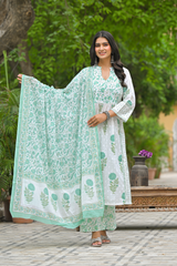 Flamingo green printed cotton suit set with cotton dupatta