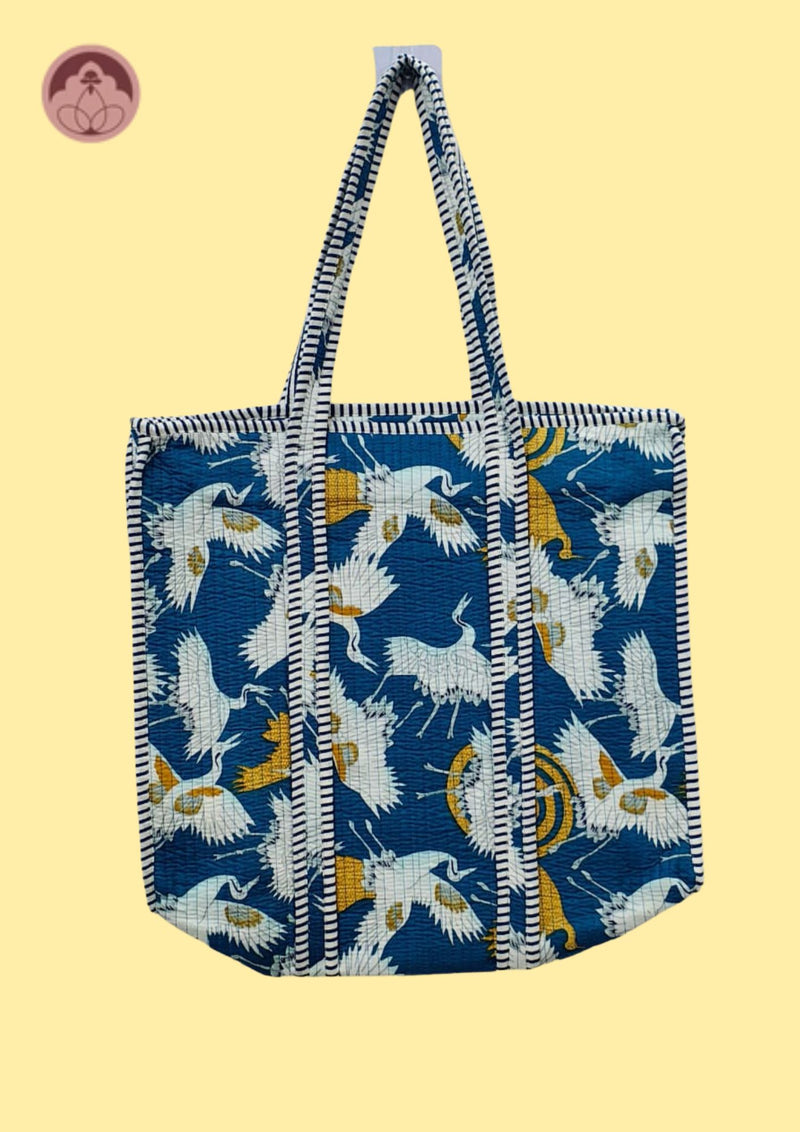 Azure Flight Blue Crane Print Quilted Cotton Tote Bag