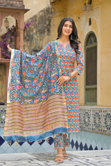 Ruhaani Blue Handblock Printed Cotton Suit Set With Chanderi Dupatta