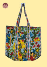 Tropical Muse Sky Blue Printed Quilted Cotton Tote Bag